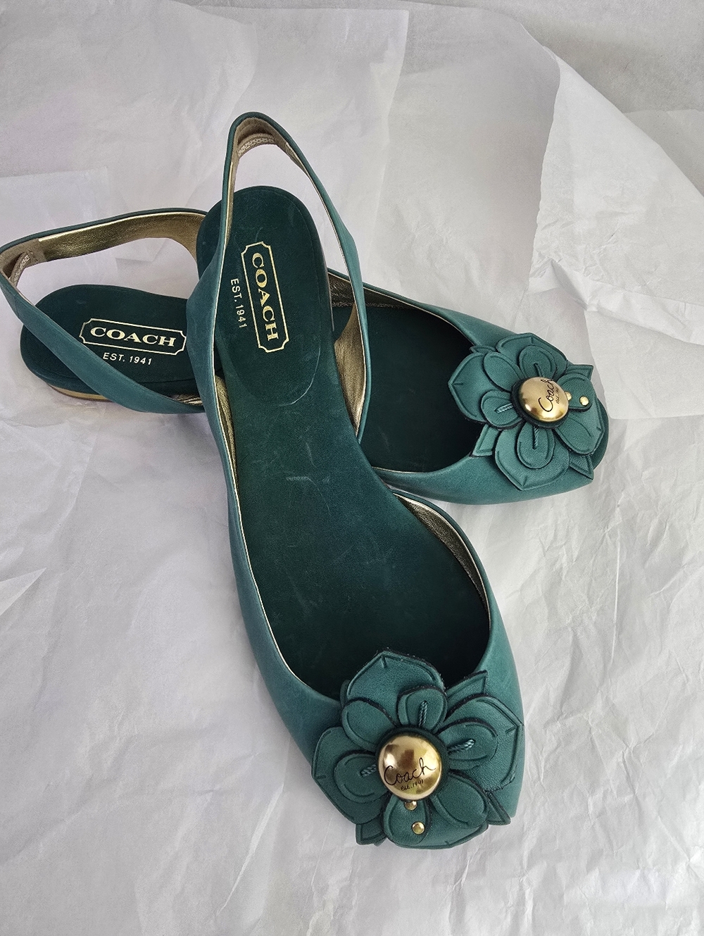 COACH Est. 1941 Teal Green Leather Floral Slingback Peep Toe Heels - Sz 8.5 NWOB - Picture 6 of 11
